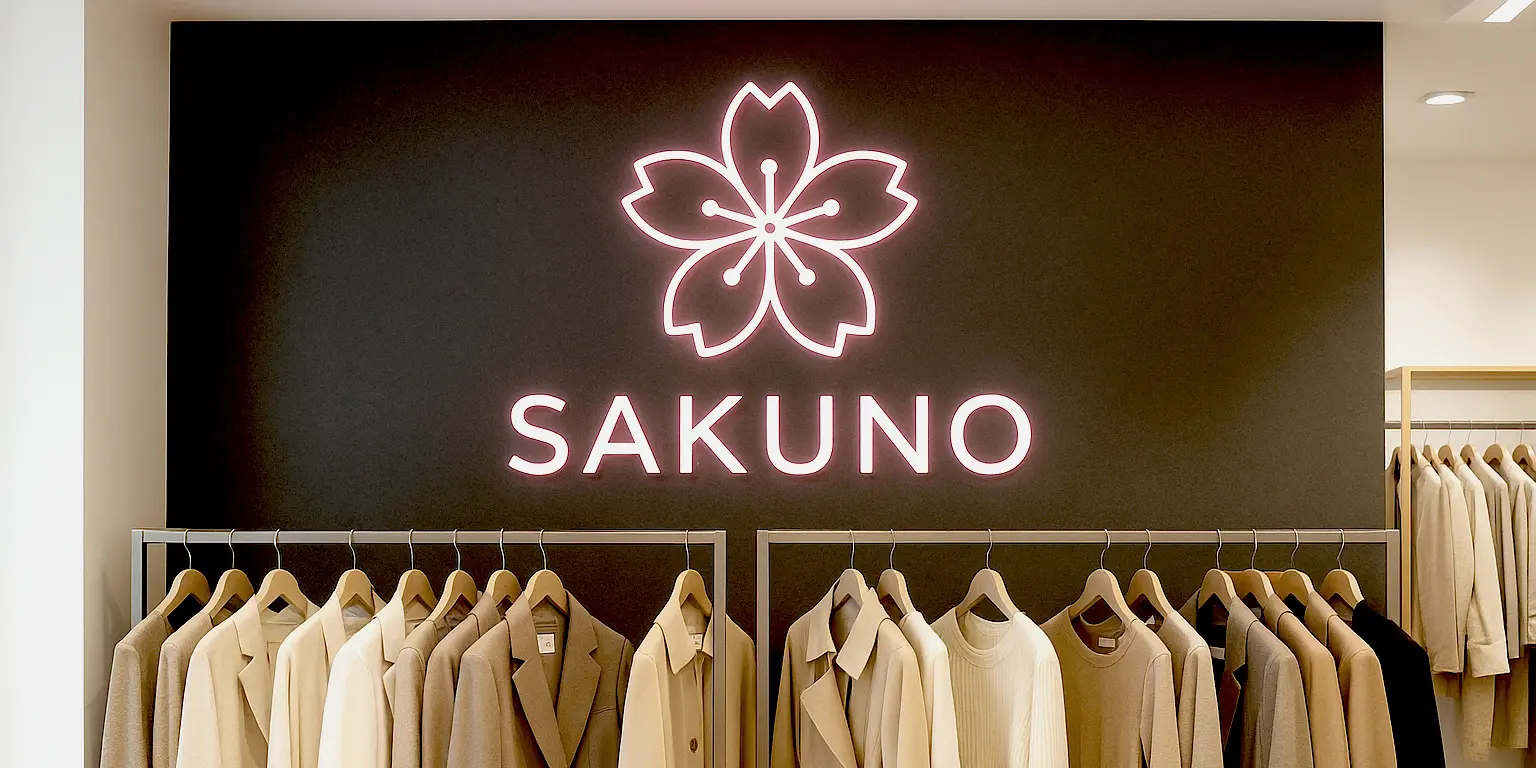 Leuchtlogo und Leuchtbuchstaben des Modelabels SAKUNO, stilvoll beleuchtet an einer Wand montiert.