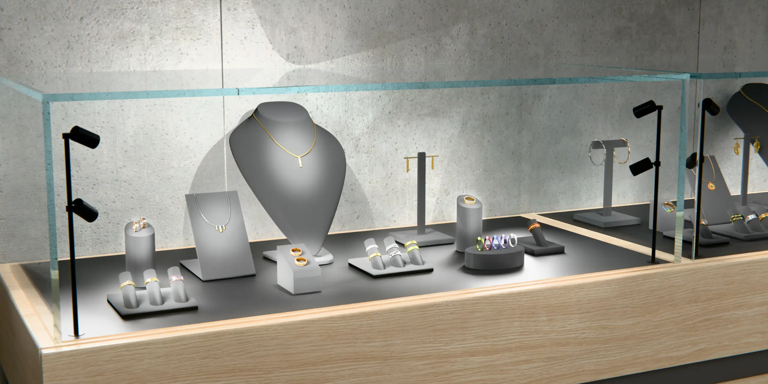 INIW Linda Vitrinenbeleuchtung mit aufgeständerten Spots für die Schmuckbeleuchtung