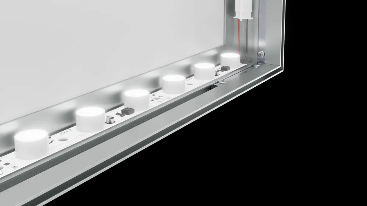 Innenansicht eines LED-Textilspannrahmens für die einseitige Bespannung und Hinterleuchtung eines Textildrucks mit seitlicher Lichteinspeisung, von DWD Concepts