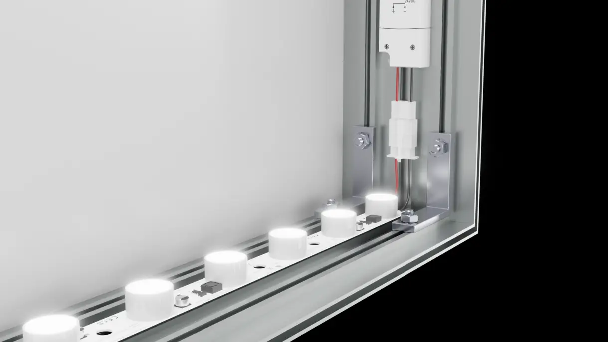 Innenansicht eines LED-Textilspannrahmens zur doppelseitigen Bespannung und Hinterleuchtung von Textildrucken mit seitlicher Lichteinspeisung, von DWD Concepts