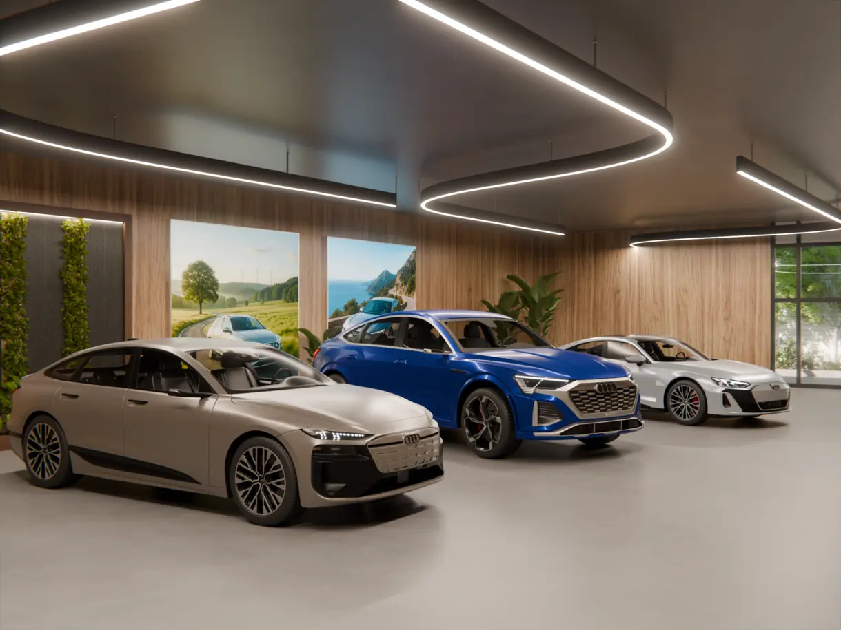 Wandmontierte LED-Textilspannrahmen zur Markenpräsentation im Autohaus