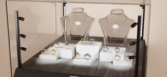 Anwendungsbeispiel der INWI Micro Vitrinenbeleuchtung mit aufgeständerten LED-Spots – präzise Lichtlösung von DWD Concepts