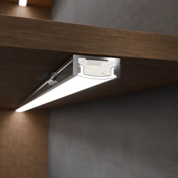 LED-Lichtleiste TAURI in Aufbaumontage am Holzfachboden – hochwertige Beleuchtungslösung von DWD Concepts
