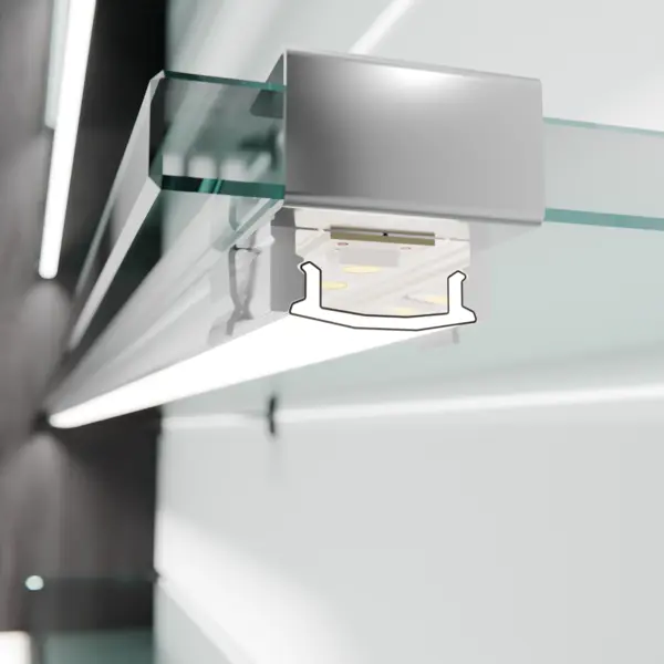 CALLU LED-Lichtleiste in Aufbaumontage am Glasfachboden – elegante Beleuchtungslösung von DWD Concepts