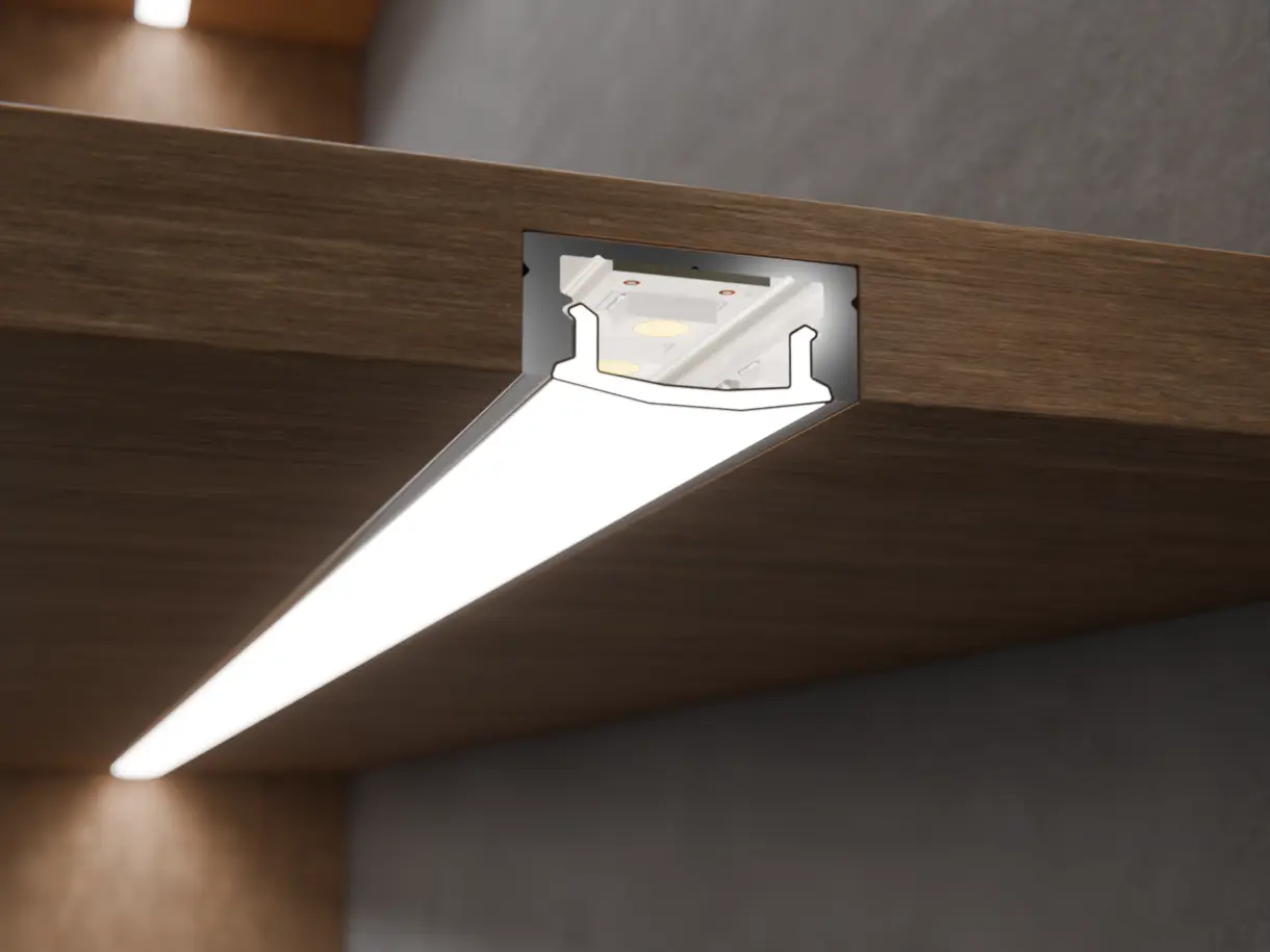 Einbaumontage der LED-Lichtleiste CALLU im Holzfachboden – effiziente Lichtlösung von DWD Concepts