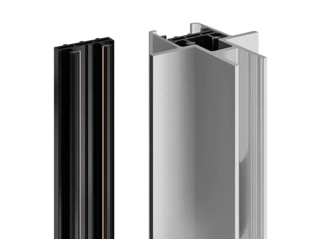 linke Abbildung: WA INWI Stromschiene – rechte Abbildung: Stromschiene integriert in das senkrechte Aluminiumträgersystem – flexible Stromschienenlösung von DWD Concepts