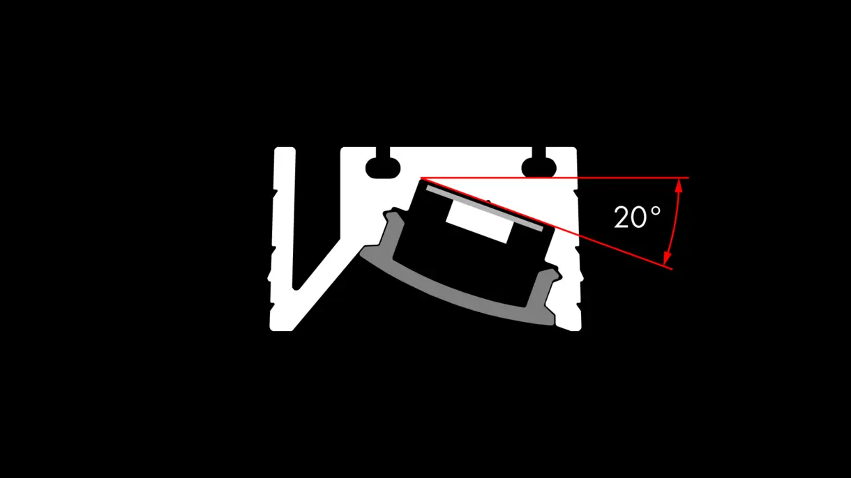 Querschnittszeichnung der LED-Lichtleiste CAPH R32 mit 20° Neigungswinkel – technische Darstellung von DWD Concepts