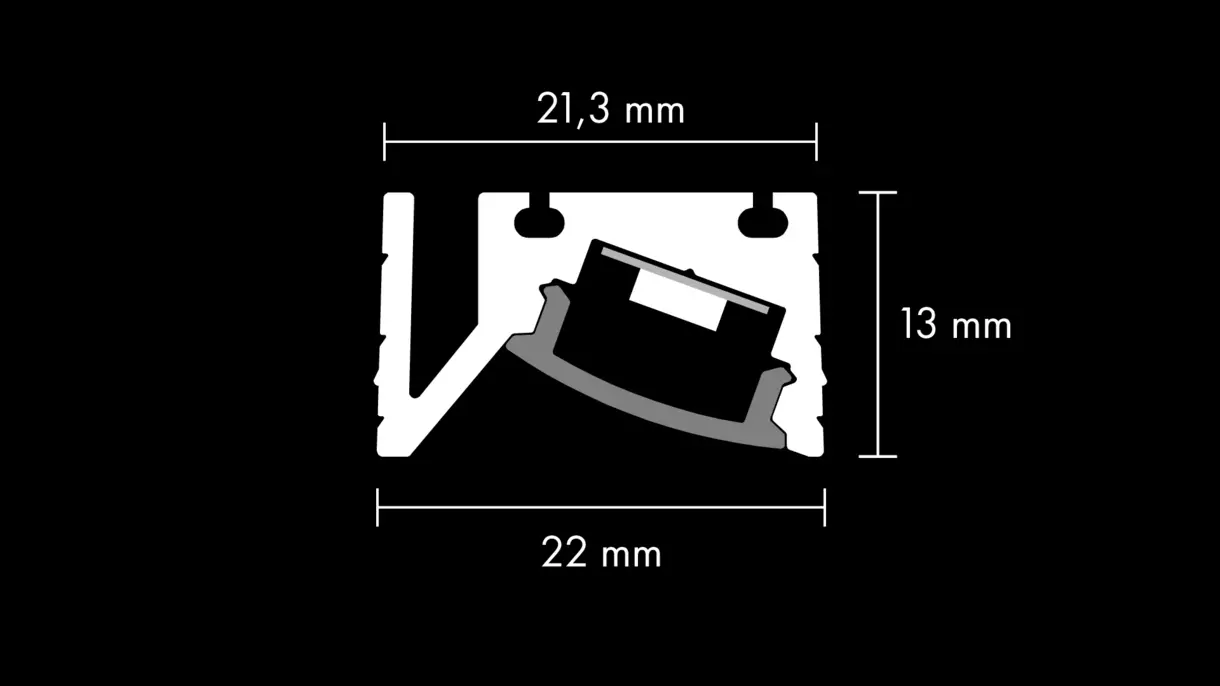 Querschnittszeichnung der LED-Lichtleiste CAPH R32 mit Diffusor und Abmessungen – technische Darstellung von DWD Concepts