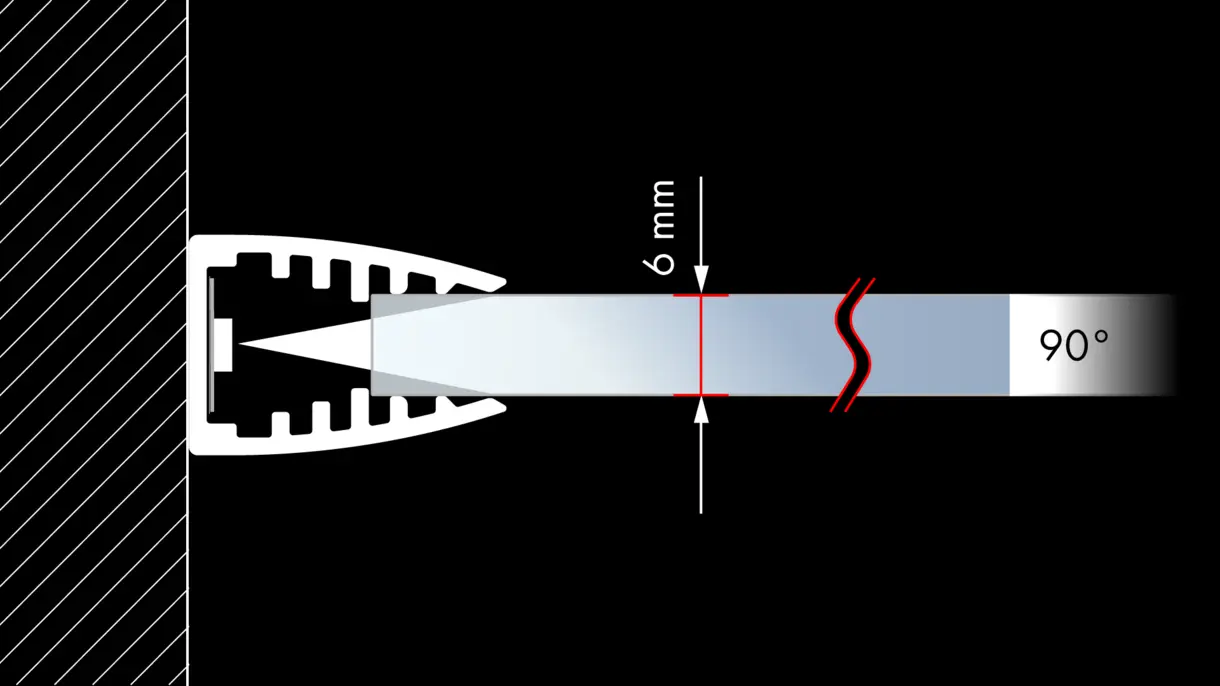 Querschnittszeichnung der LED-Lichtleiste M600 mit Glasboden – präzise Lichtlösung von DWD Concepts