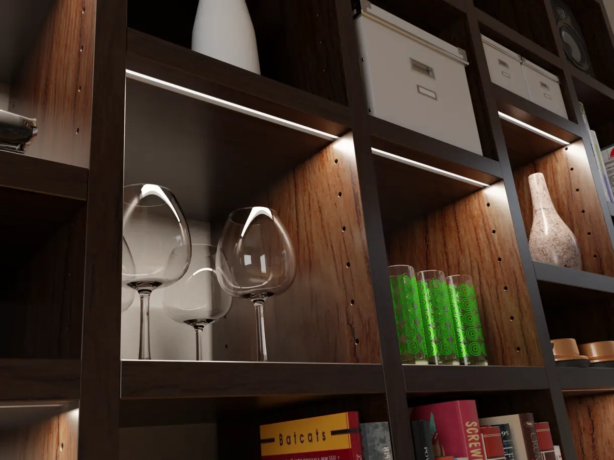 Einbaubeispiel der LED-Lichtleiste CAPH in einem Holzregal im Wohnbereich – stilvolle Ambientebeleuchtung von DWD Concepts