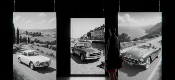 LED ACE Panel in hängender Ausführung, zeigt schwarz-weiße Oldtimer-Fotografien in einer Ausstellung.